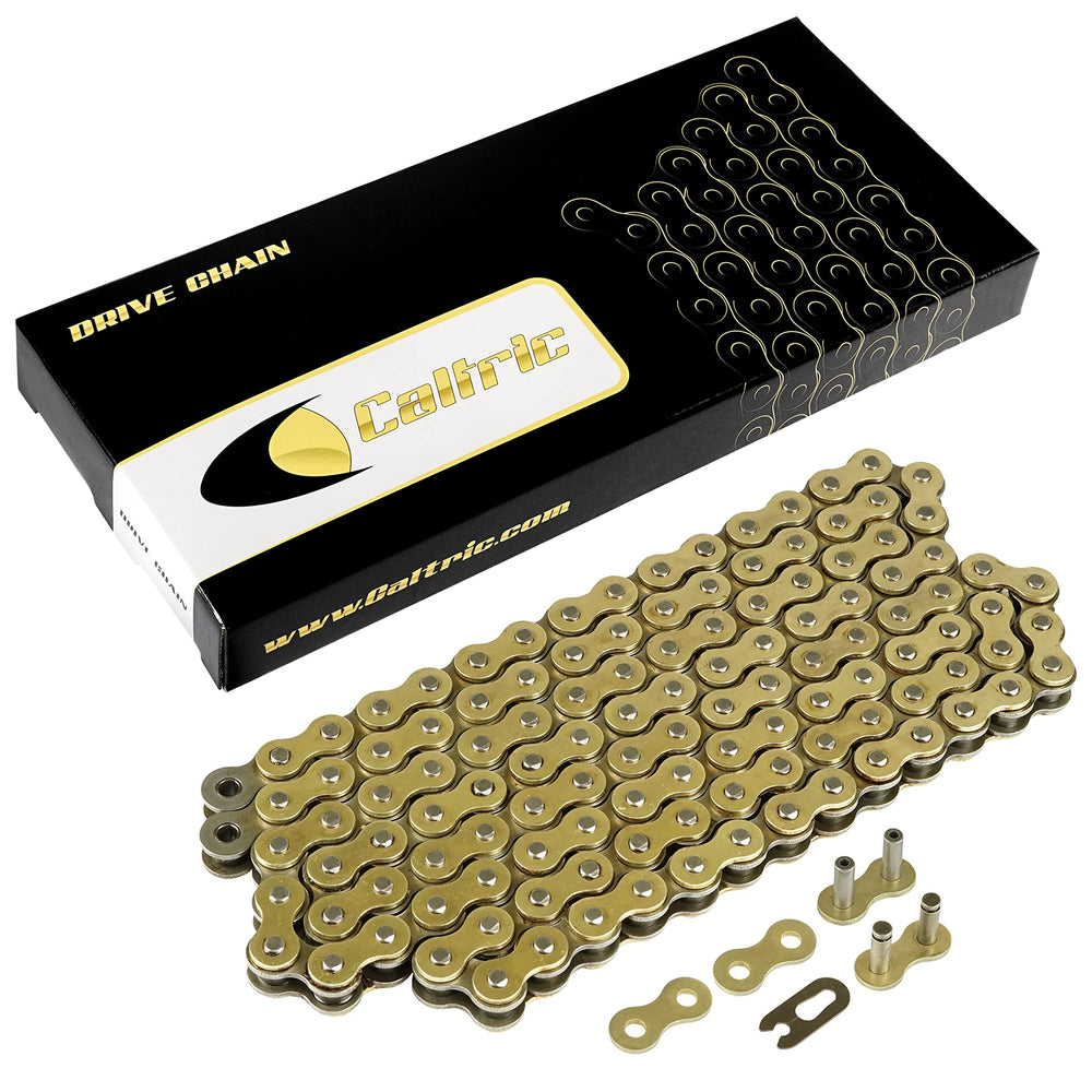 Caltric Golden 530-Pitch drive chain close-up with rivet master link for strength.