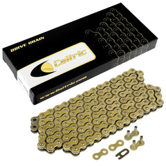 Caltric Golden 530-Pitch drive chain close-up with rivet master link for strength.