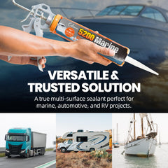 Calvana 5200 hull sealing bond on fiberglass and metal surfaces.