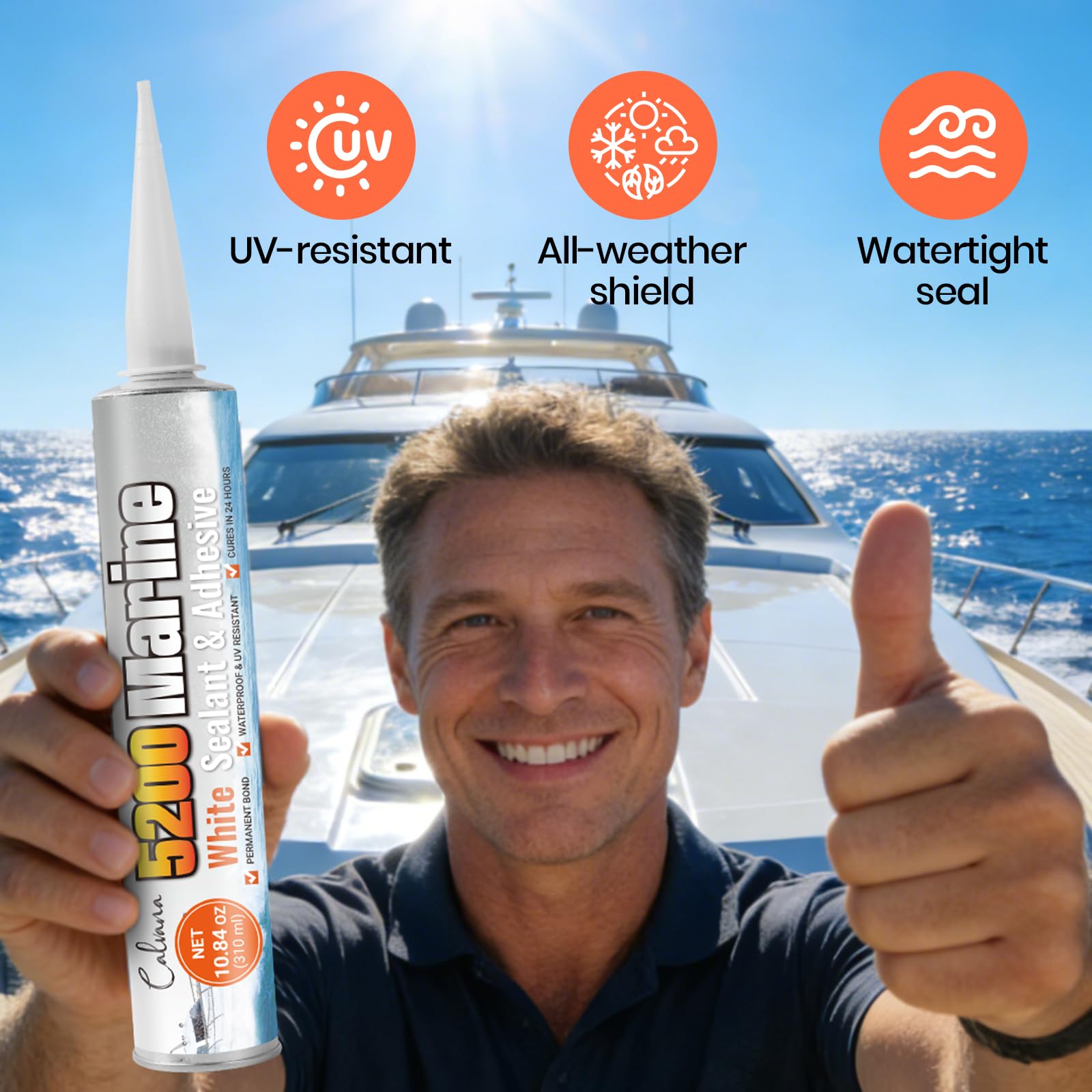 Deck scene showing Calvana 5200 UV-resistant sealant preserving color