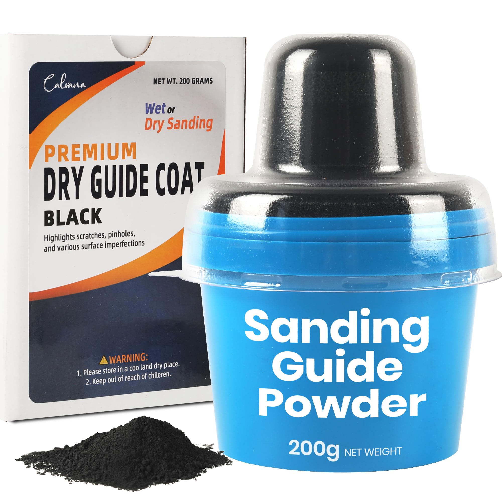 Calvana black dry guide coat powder bottle highlighting surface flaws for easier repair