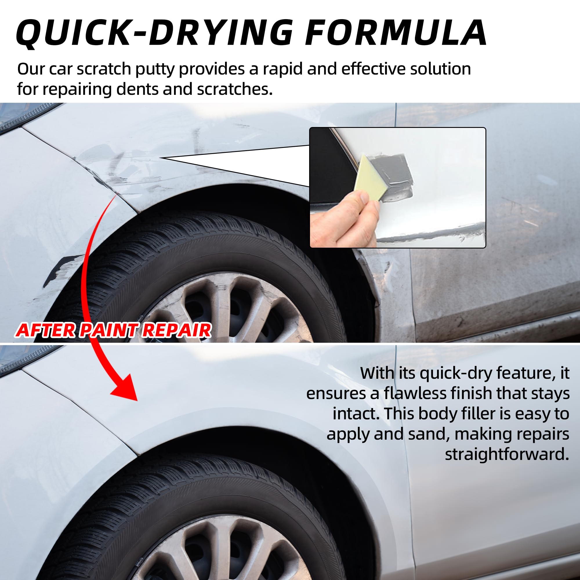 Calvana sandpaper included to smooth filled areas before painting.