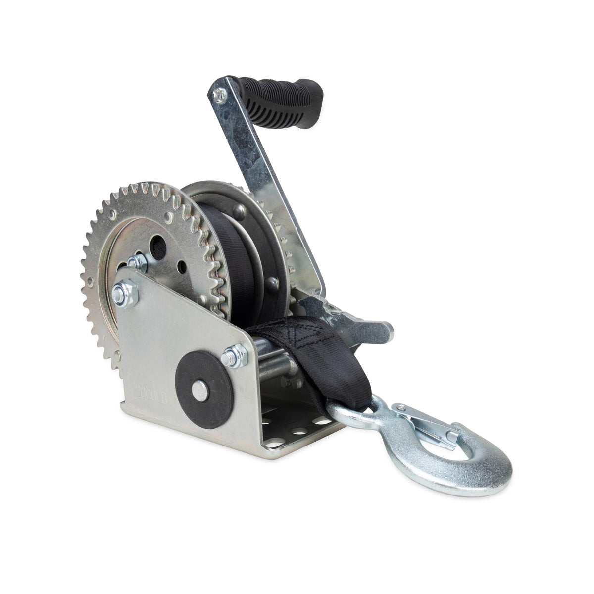 Camco 2000lb boat trailer winch side view shows smooth manual loading
