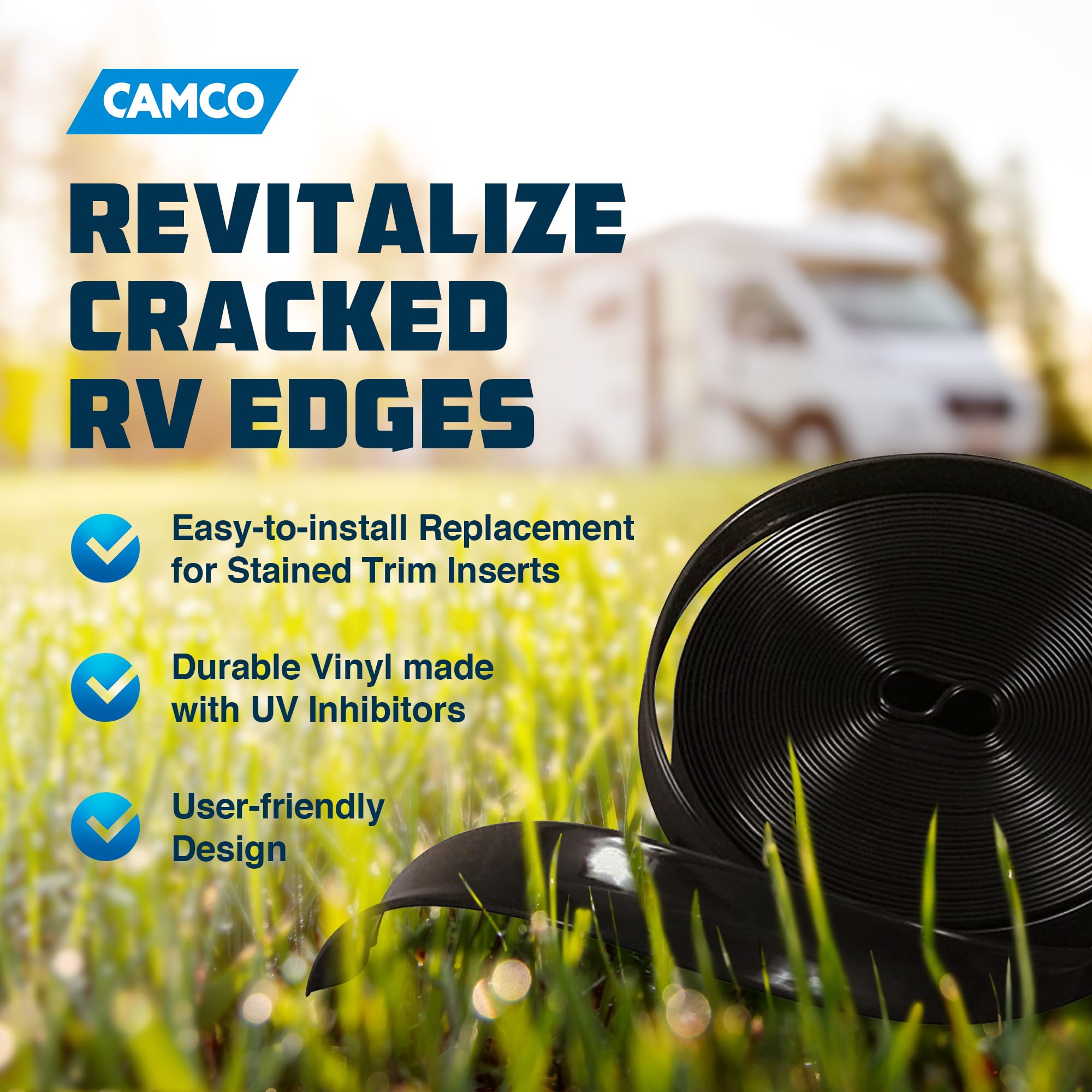 Camco vinyl trim insert on aluminum roof edge boosts weather resistance.