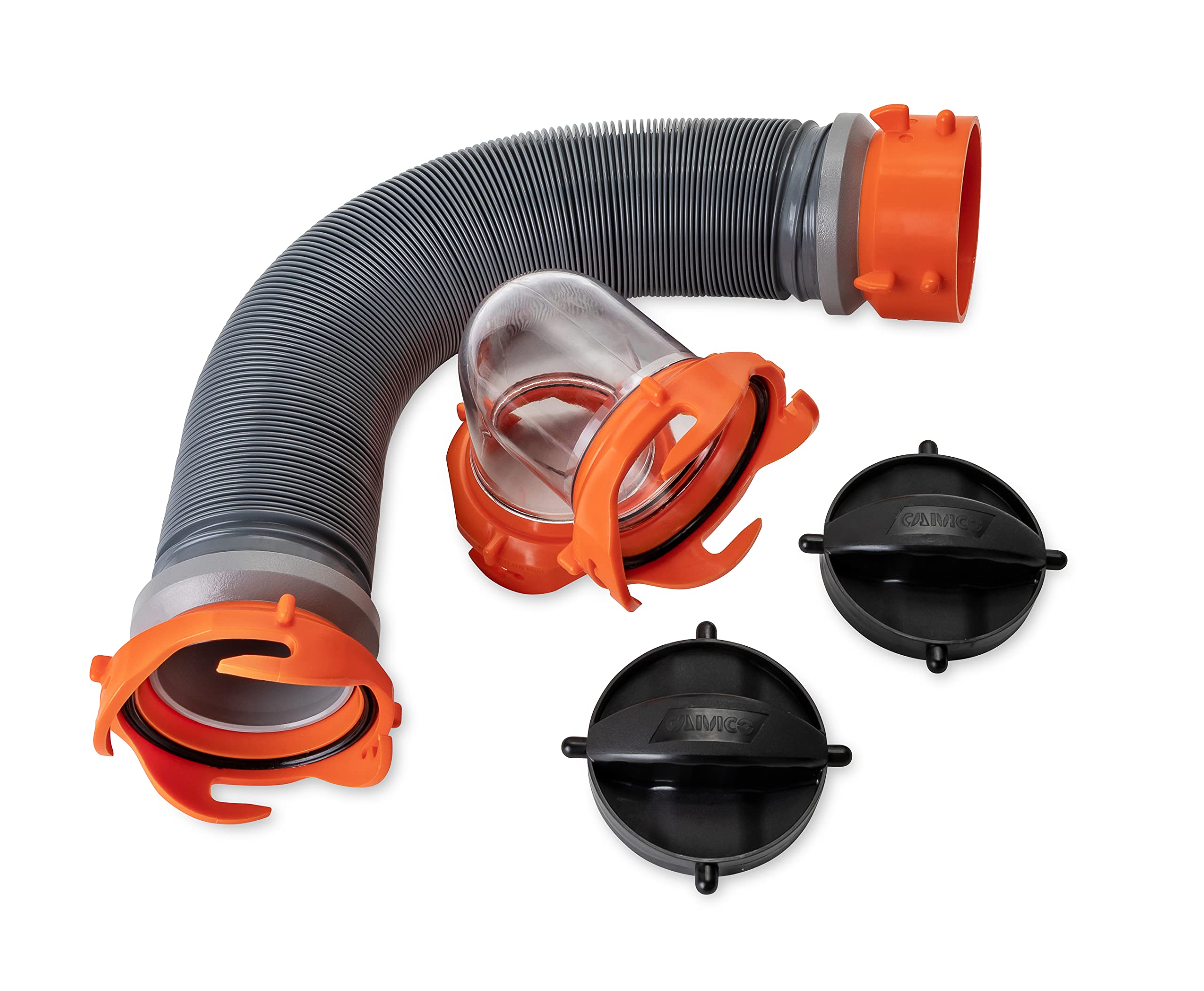 Camco 3-foot tote tank sewer hose ready for secure connections and downhill flow.