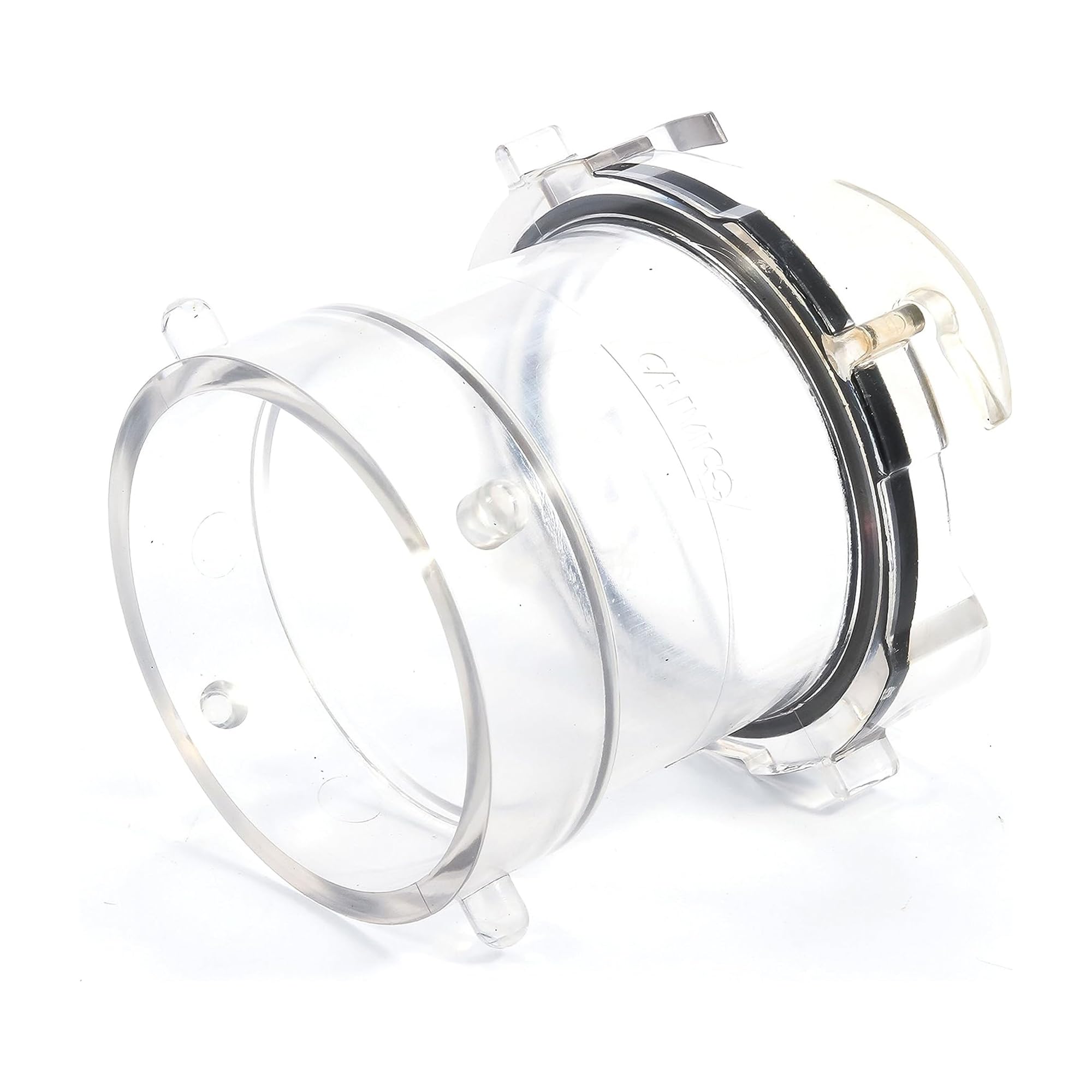 Camco 39562 clear adapter attached to RV sewer outlet for quick setup.