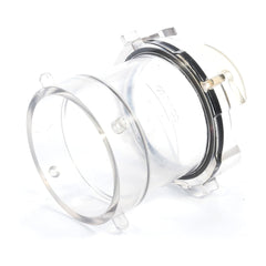 Camco 39562 clear adapter attached to RV sewer outlet for quick setup.