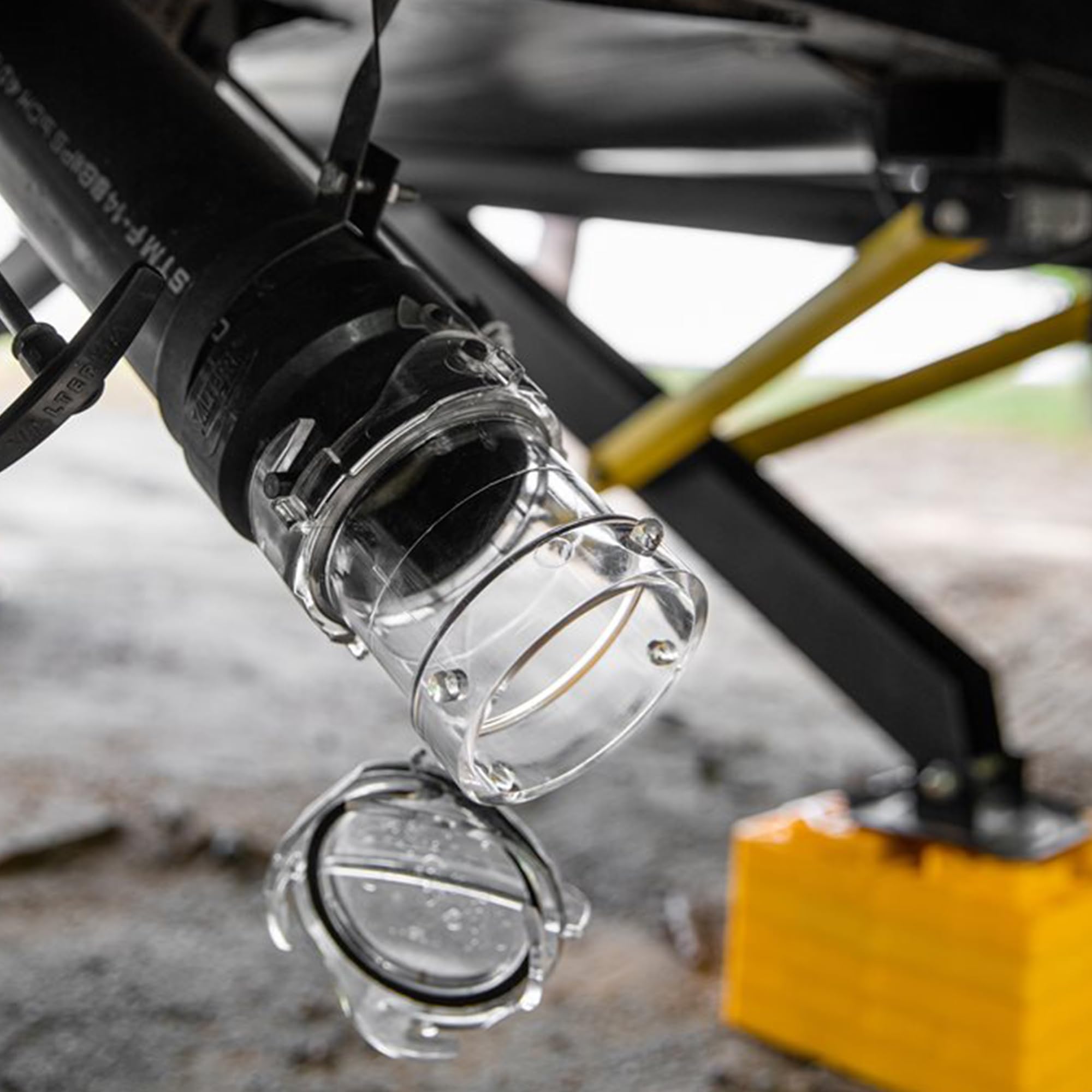 Camco 39562 clear adapter at the RV outlet simplifies hookup and removal.