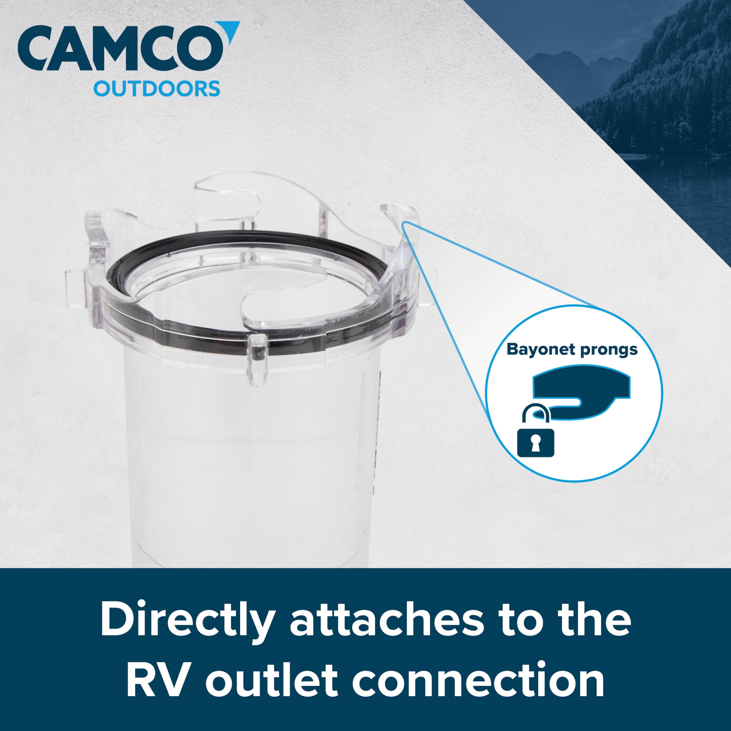 Close view of Camco 39592 clear body for rinse visibility
