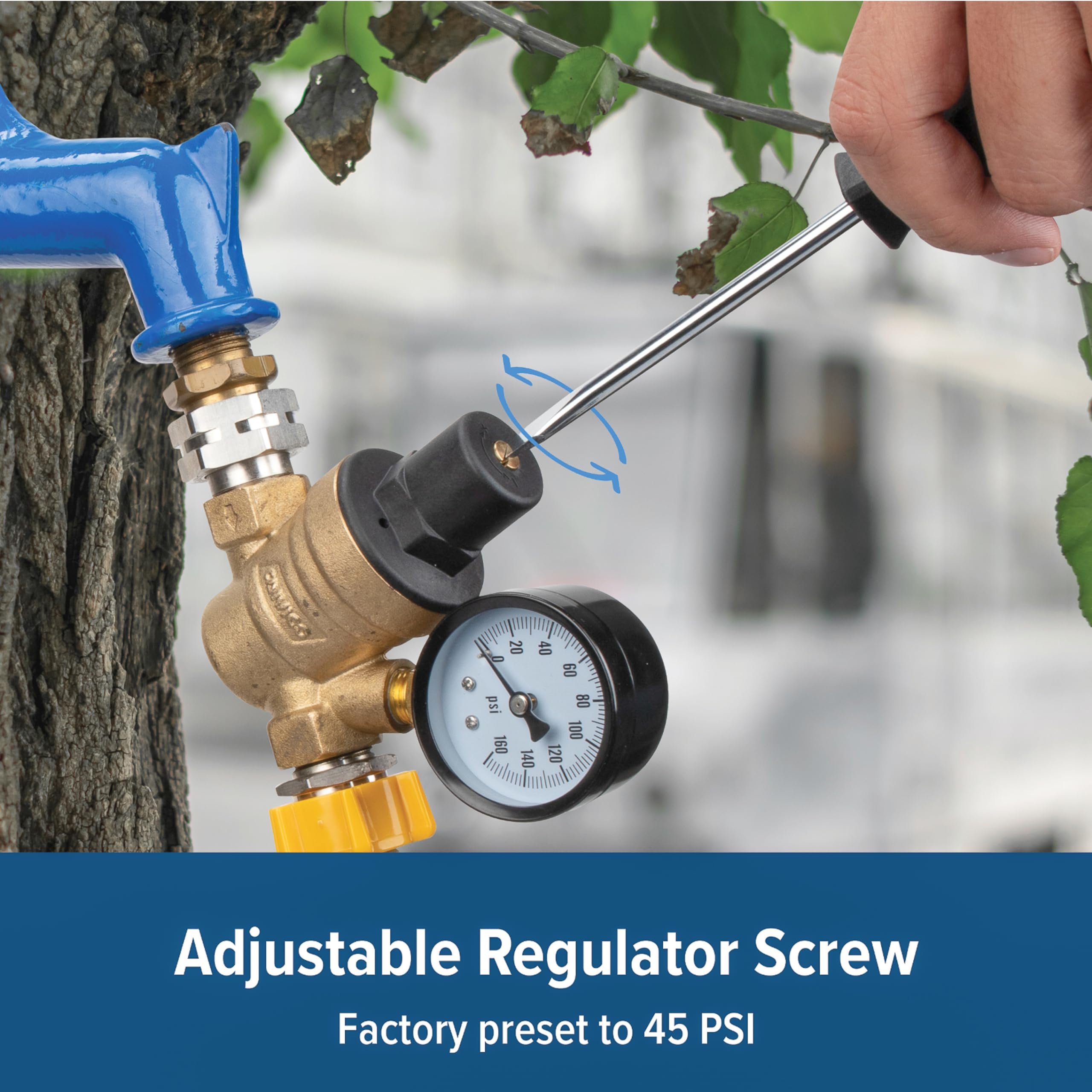 Camco regulator displays 45-psi factory preset for RV setup