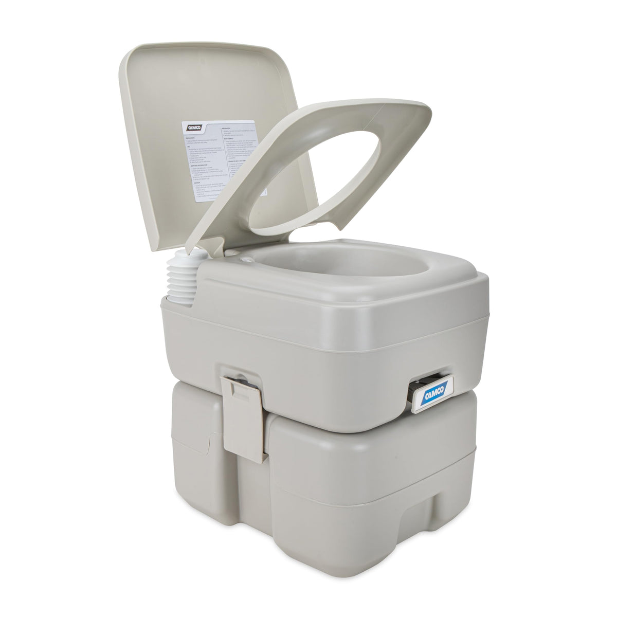 Camco 5.3-gallon portable toilet ready for camping trips and RVs.