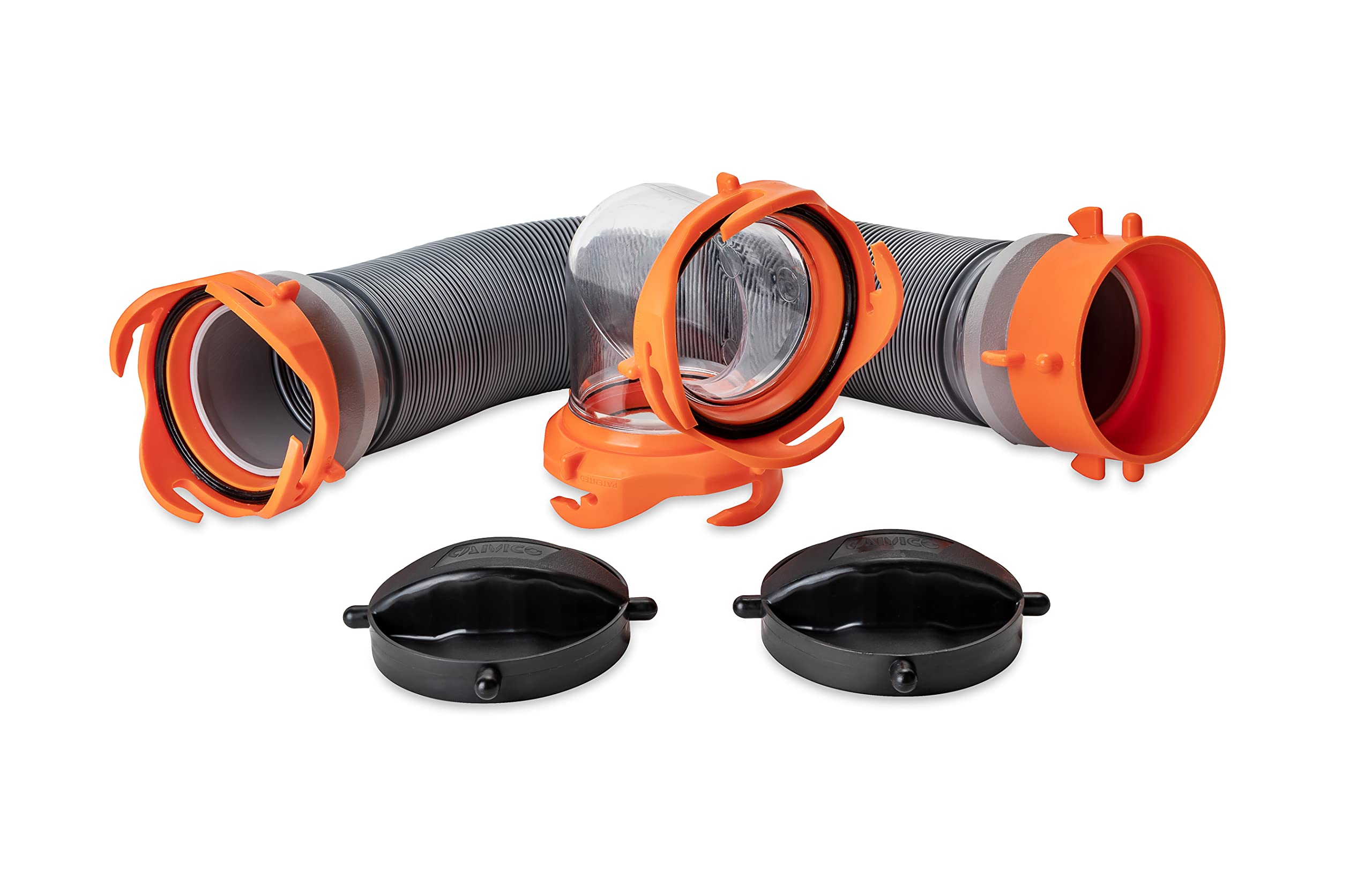 Camco 90-degree clear elbow with swivels aids quick attachment and visibility.