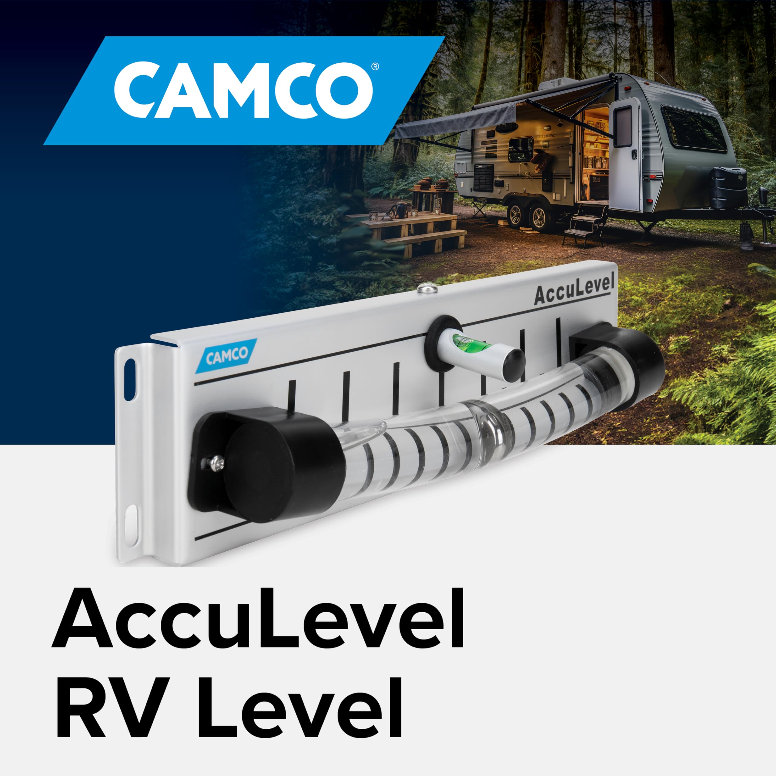 Camco AccuLevel side-to-side ball indicator shows level balance across the trailer.