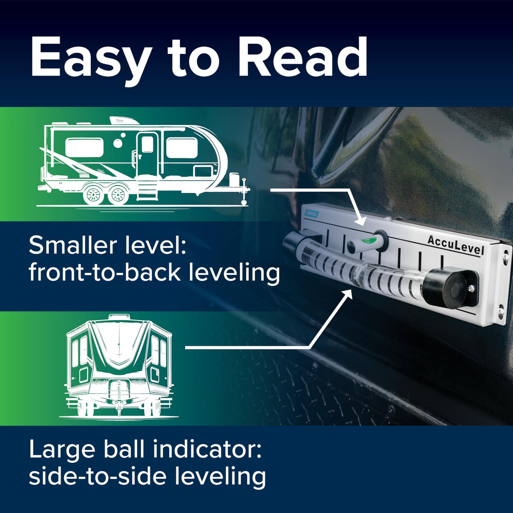 Camco AccuLevel mounted at the front offers clear mirror visibility.