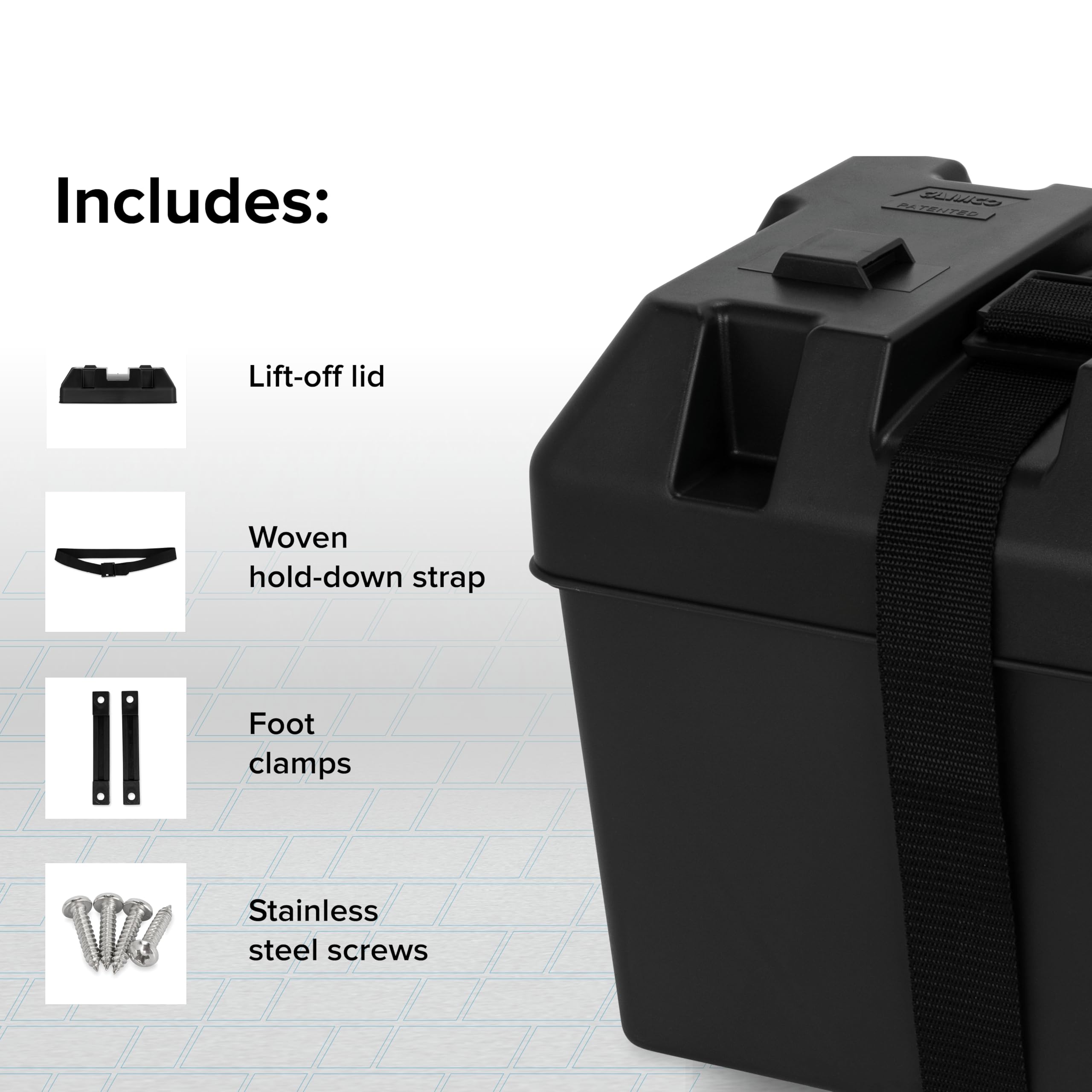 Camco box foot clamps secure box to compartments, preventing movement during transport.