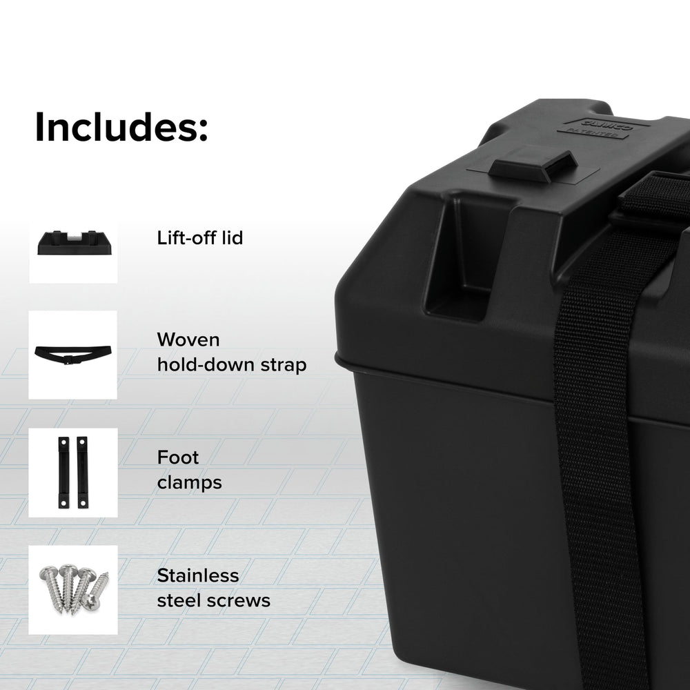 Camco box foot clamps secure box to compartments, preventing movement during transport.
