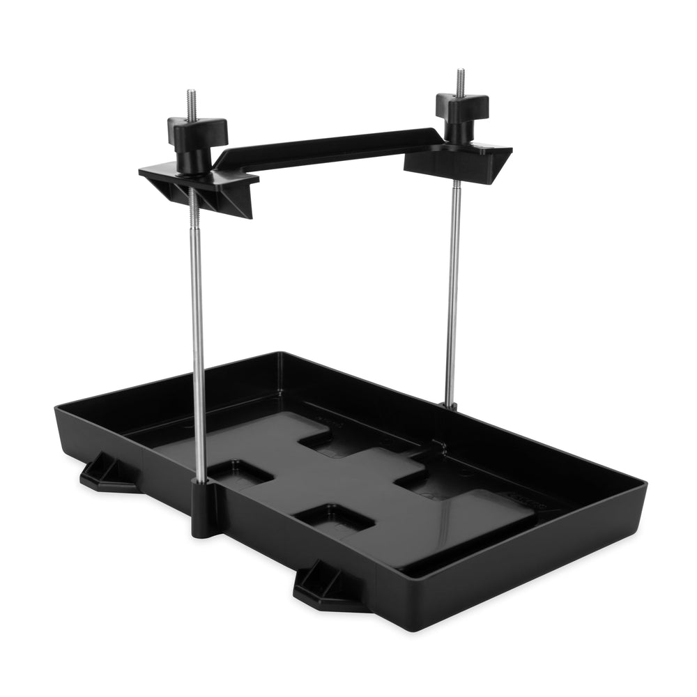 Camco battery hold-down tray front view showing rugged construction