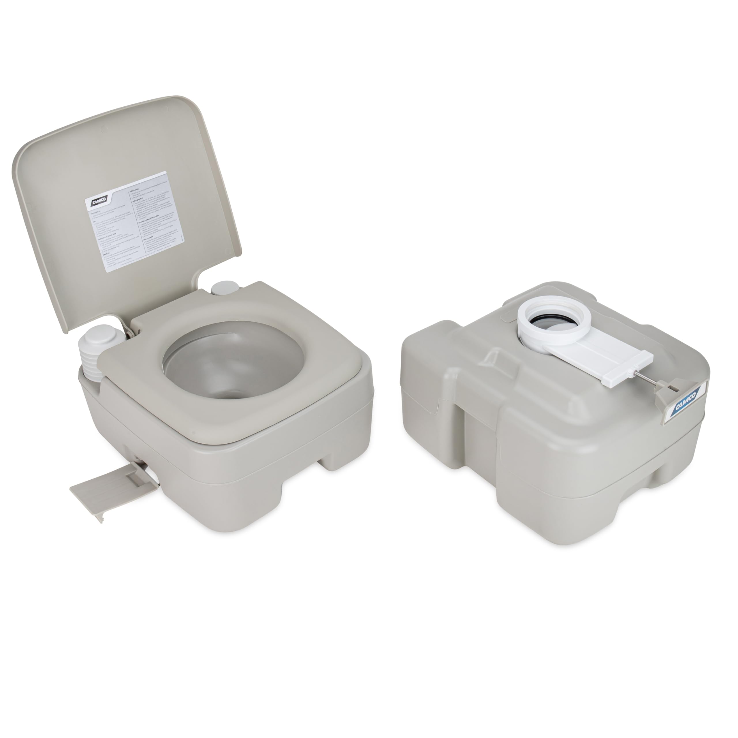 Camco bellow-type flush system delivers a thorough rinse.
