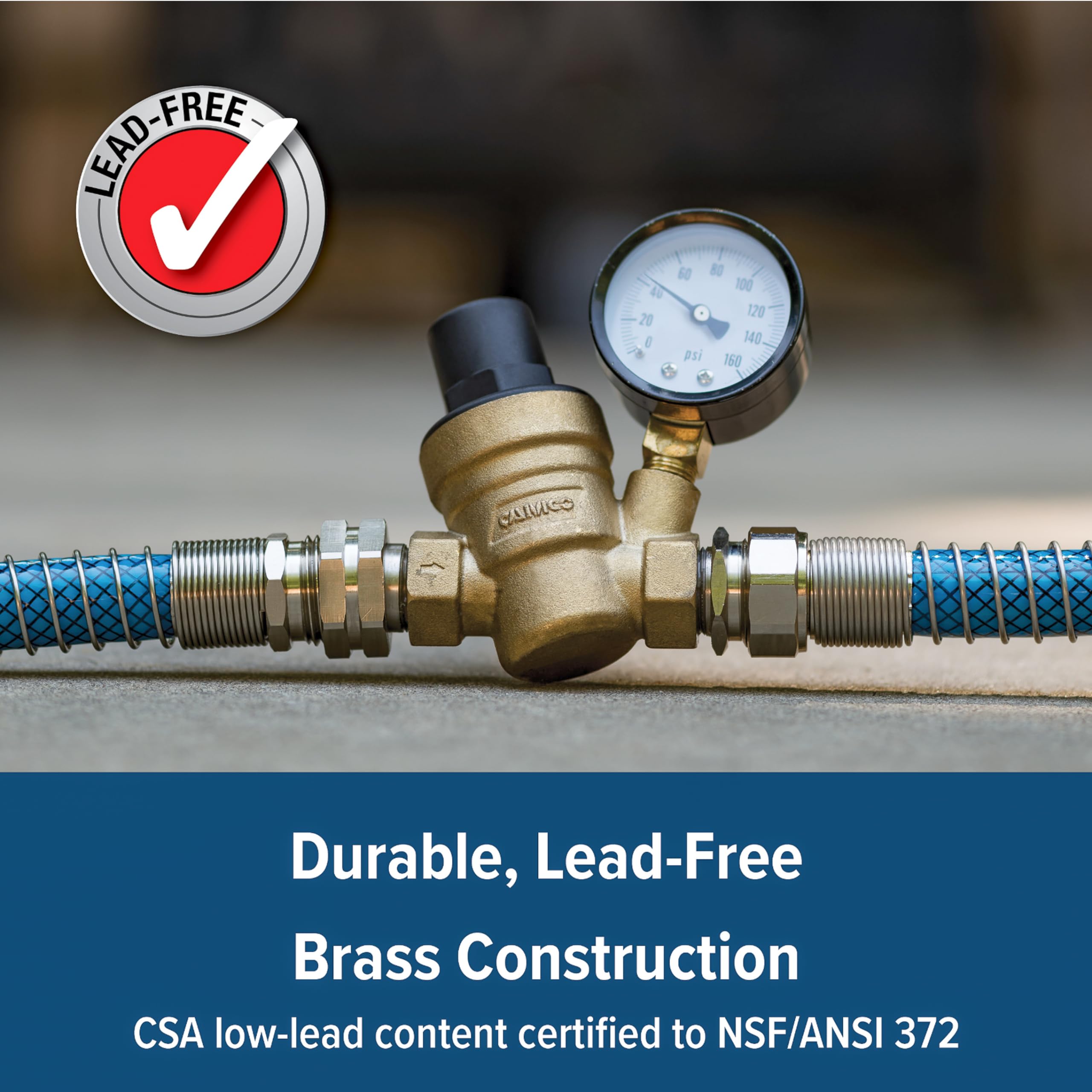 Camco brass regulator attached to garden hose threads for simple hookup