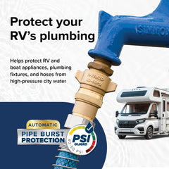 Camco regulator connected to hose showing smooth, consistent flow for RV use
