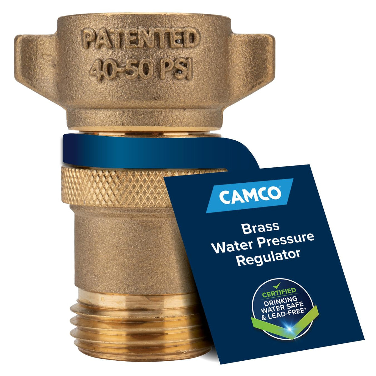 Camco brass RV regulator front view showing 40-50 PSI protection for safe water flow