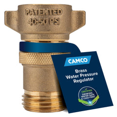 Camco brass RV regulator front view showing 40-50 PSI protection for safe water flow