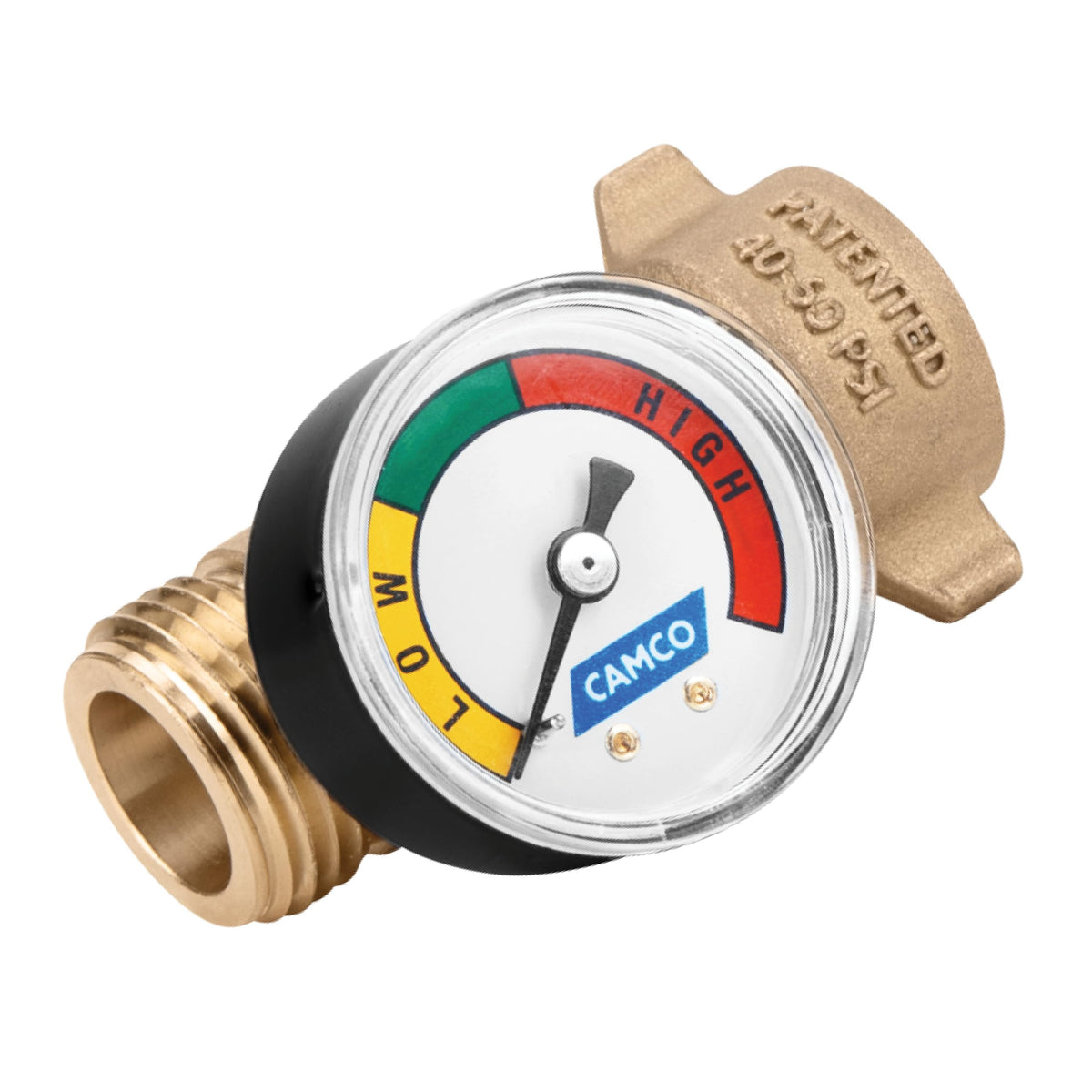 Camco brass water pressure regulator with gauge protects RV plumbing from city water pressure.