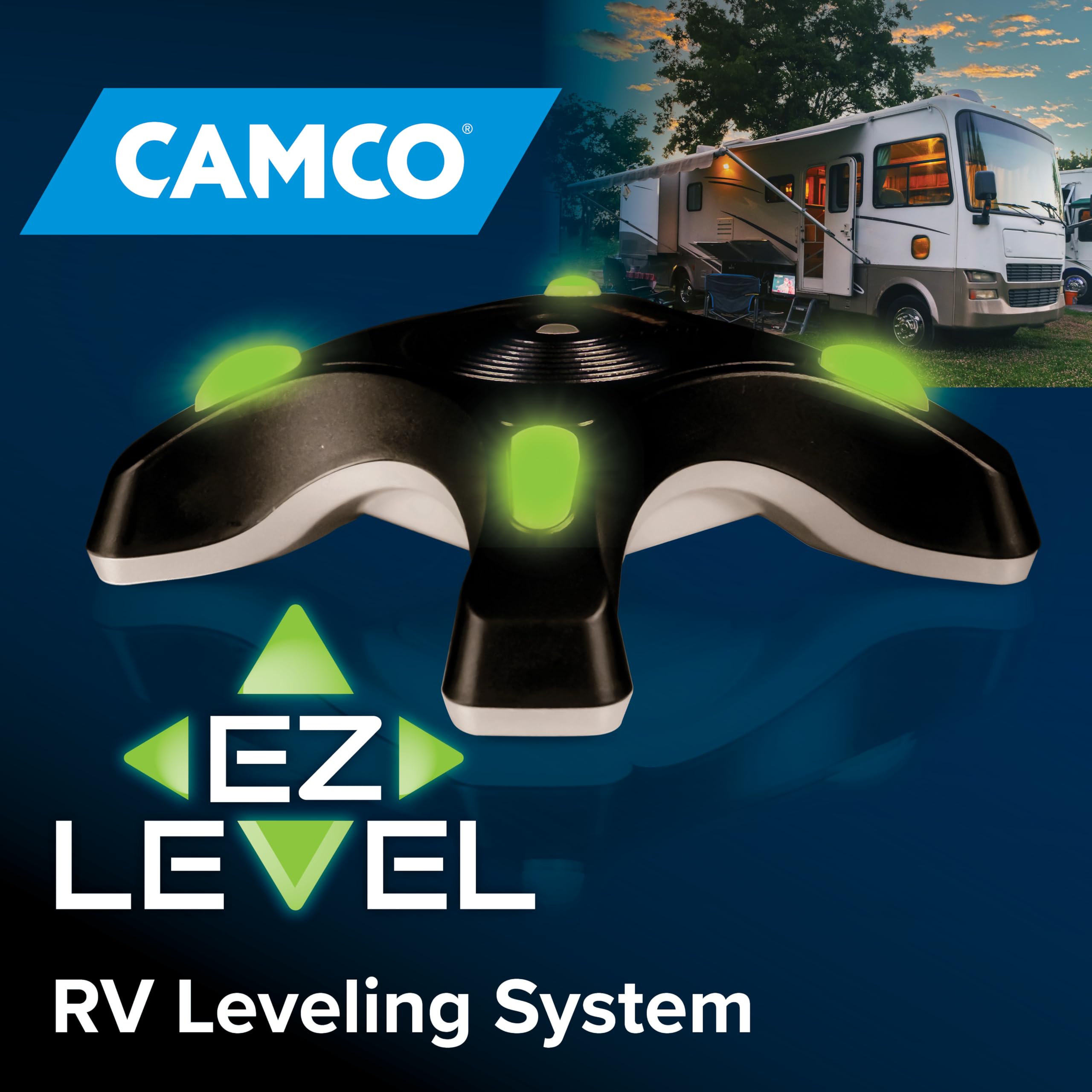 Camco EZ Level shows simultaneous-axis feedback for faster RV leveling.
