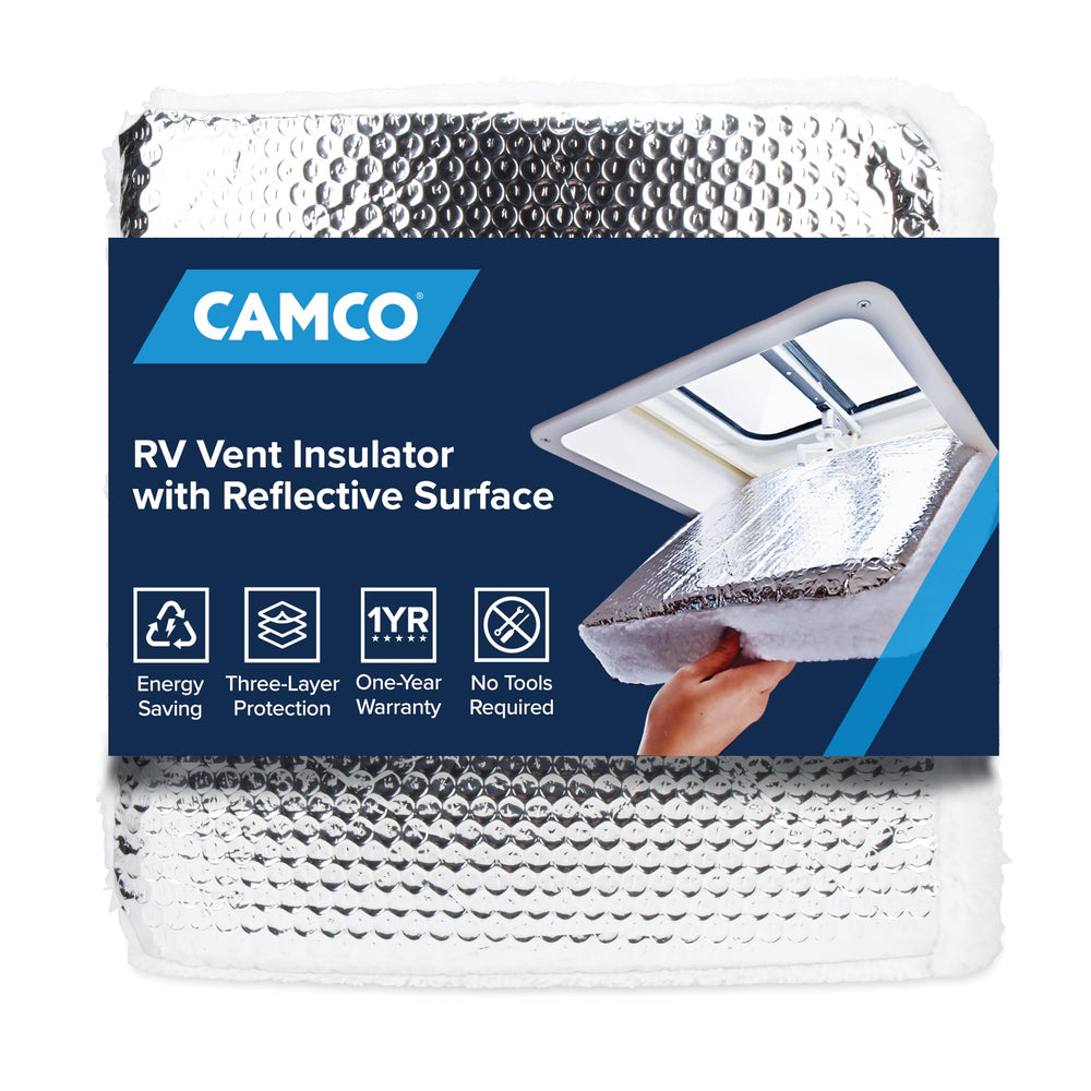Camco vent-insulator on an RV roof blocking sun and heat.