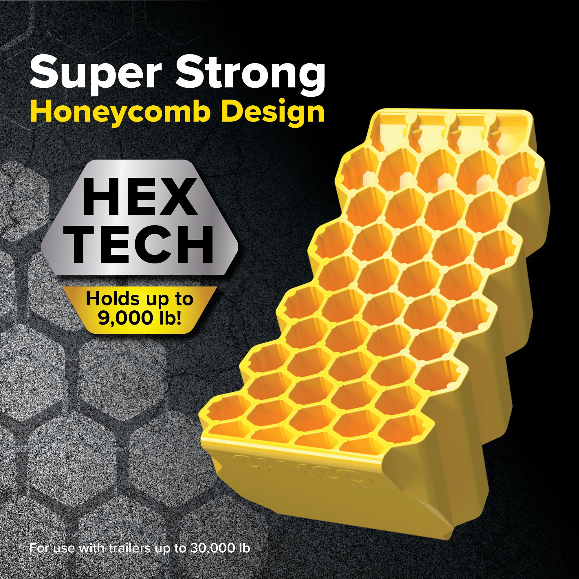 Wheel chock with non-slip rubber grippers provides secure placement.