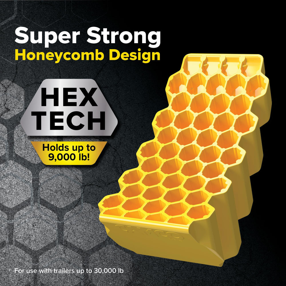 Wheel chock with non-slip rubber grippers provides secure placement.
