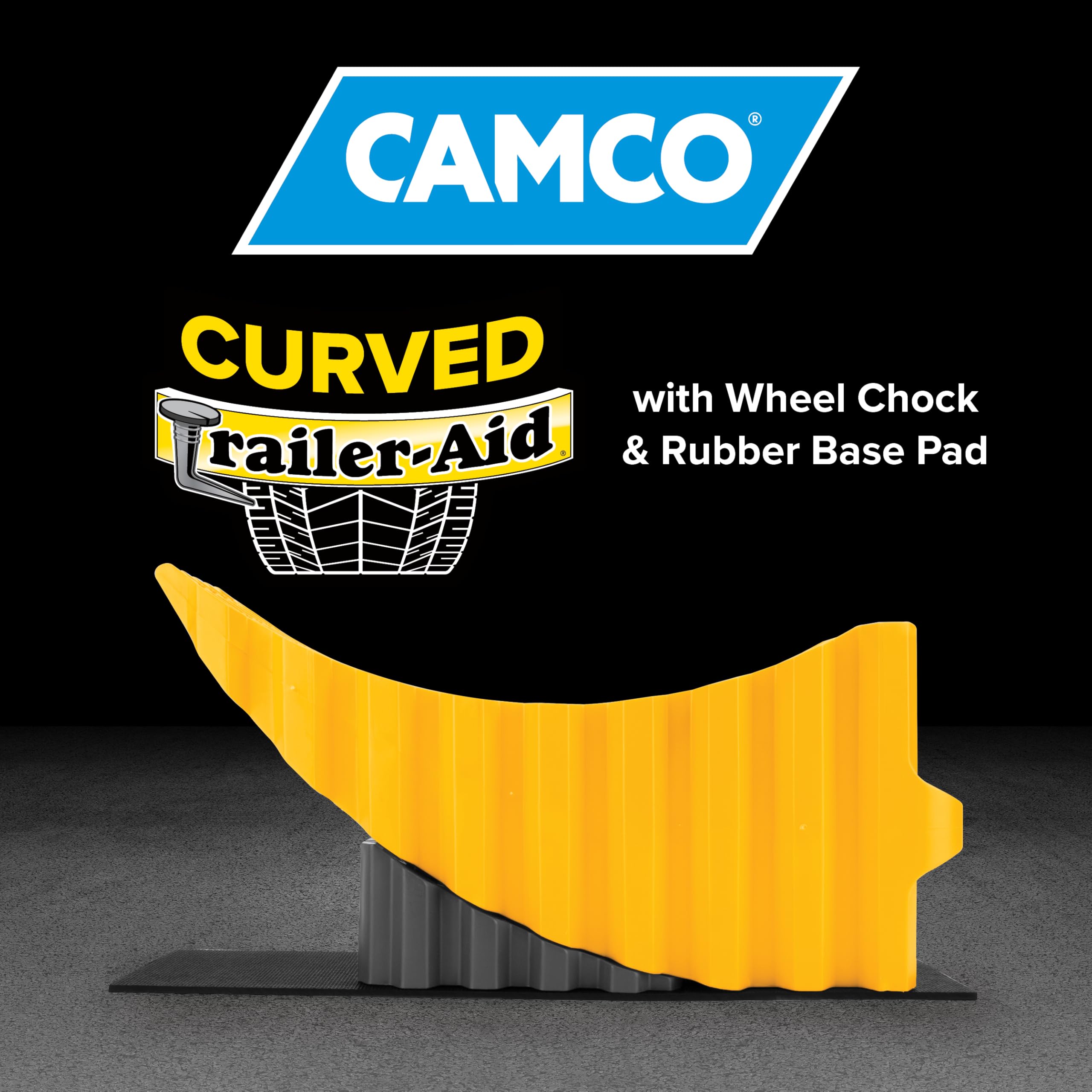 Camco Curved Trailer-Aid with wheel chock for stable roadside changes.