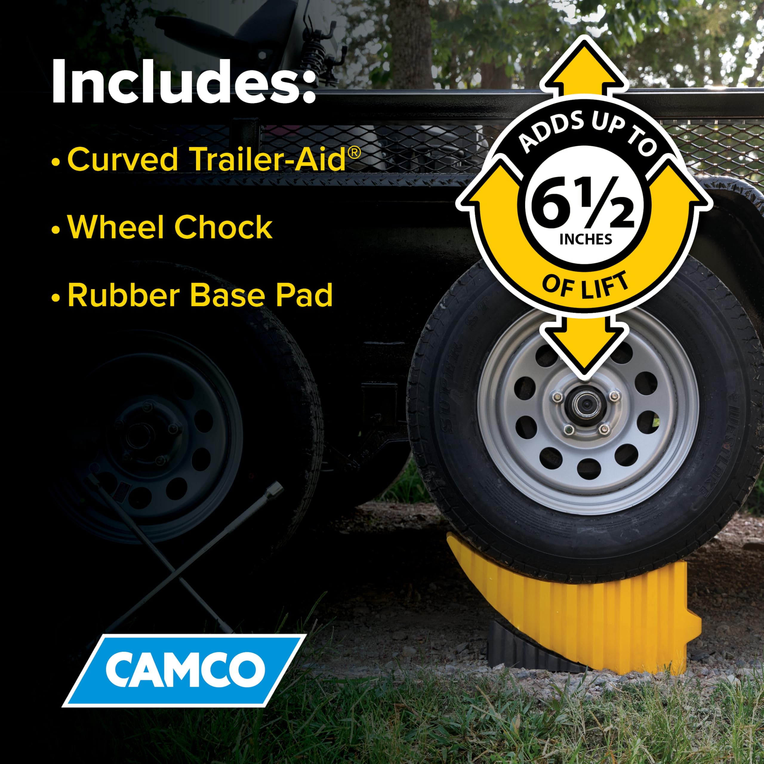 Camco Curved Trailer-Aid compatible with up to 32-inch tires.