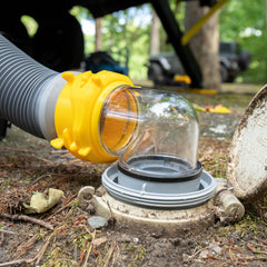 Camco Deluxe clear elbow fitting for visibility during tank emptying.
