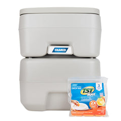 Camco detachable holding tank with sealing valve keeps odors contained.