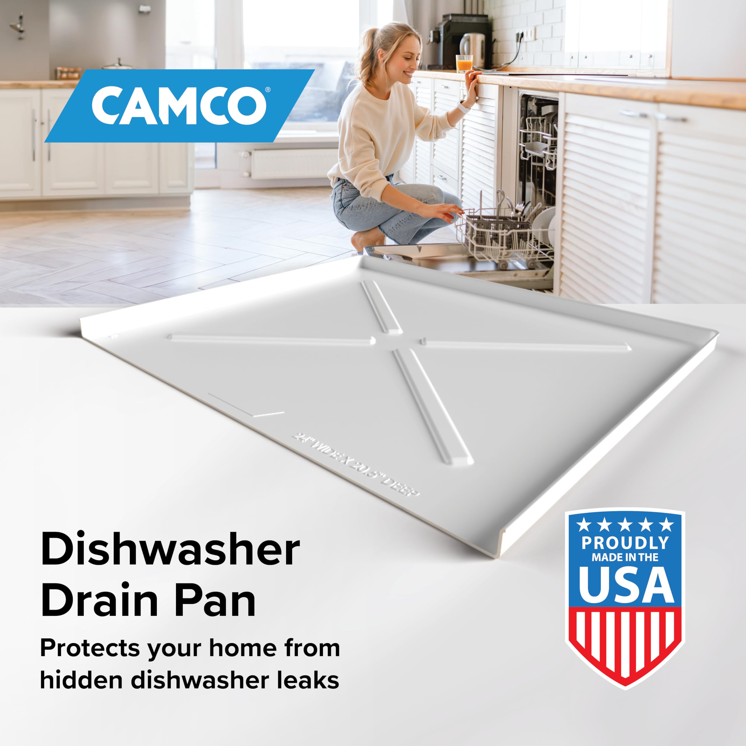 Camco drain pan fits most standard dishwashers for versatile protection