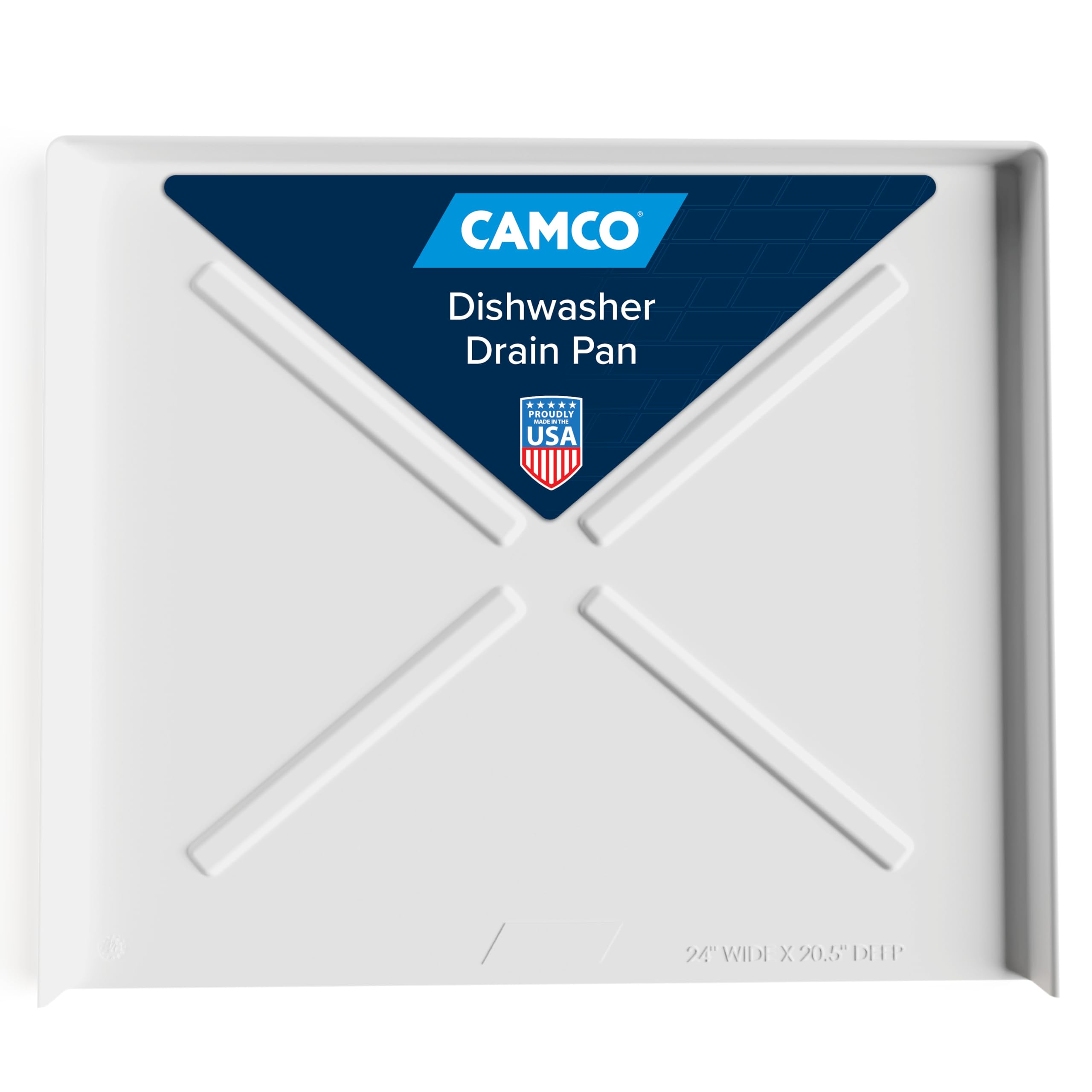 Camco dishwasher drain pan front view shows leak-prevention accessory for RV kitchens