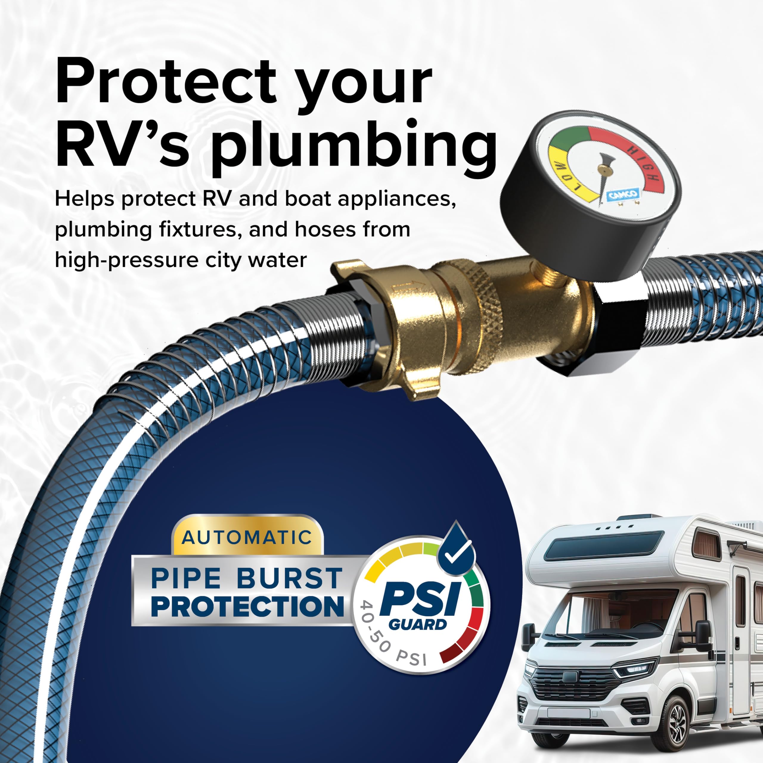 Camco drinking-water-safe regulator ensures clean water flow for RV setups.