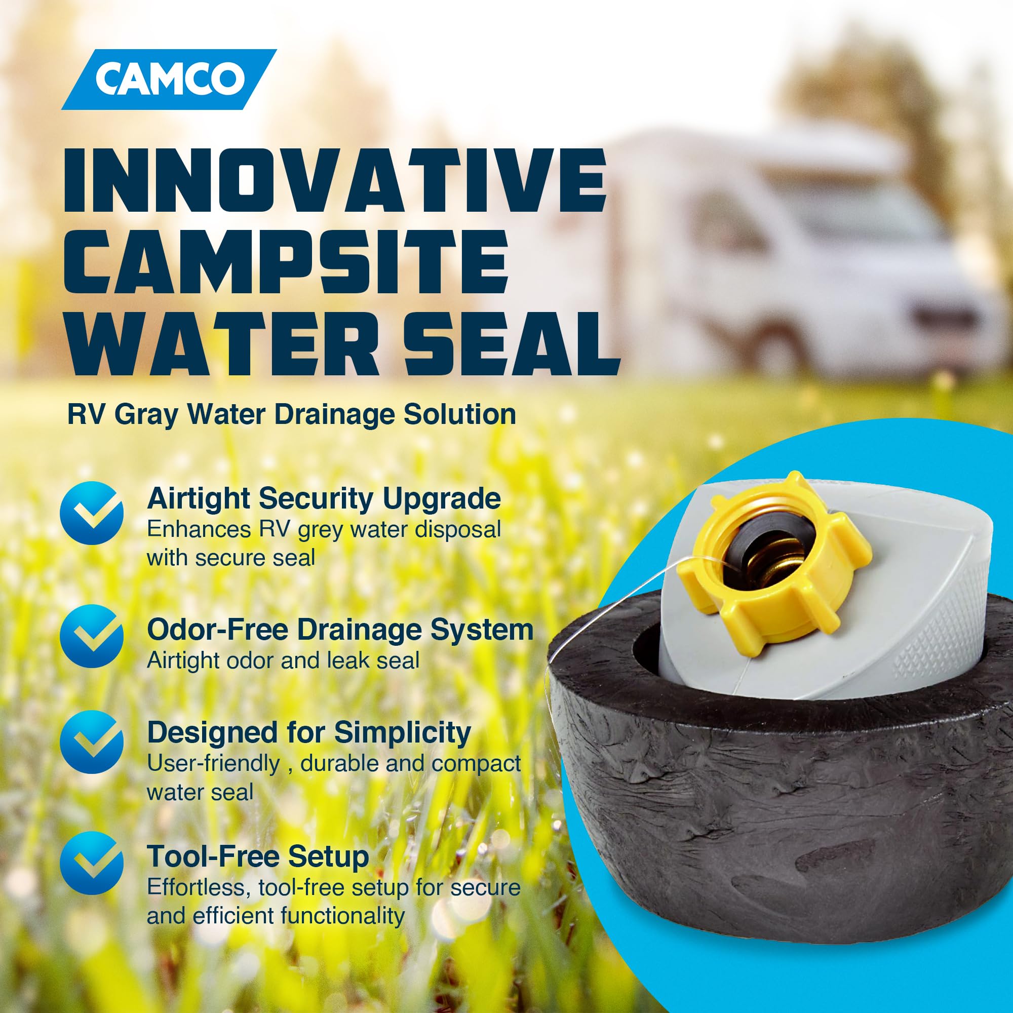 Camco Easy Slip Water Seal, top view highlights compact footprint.