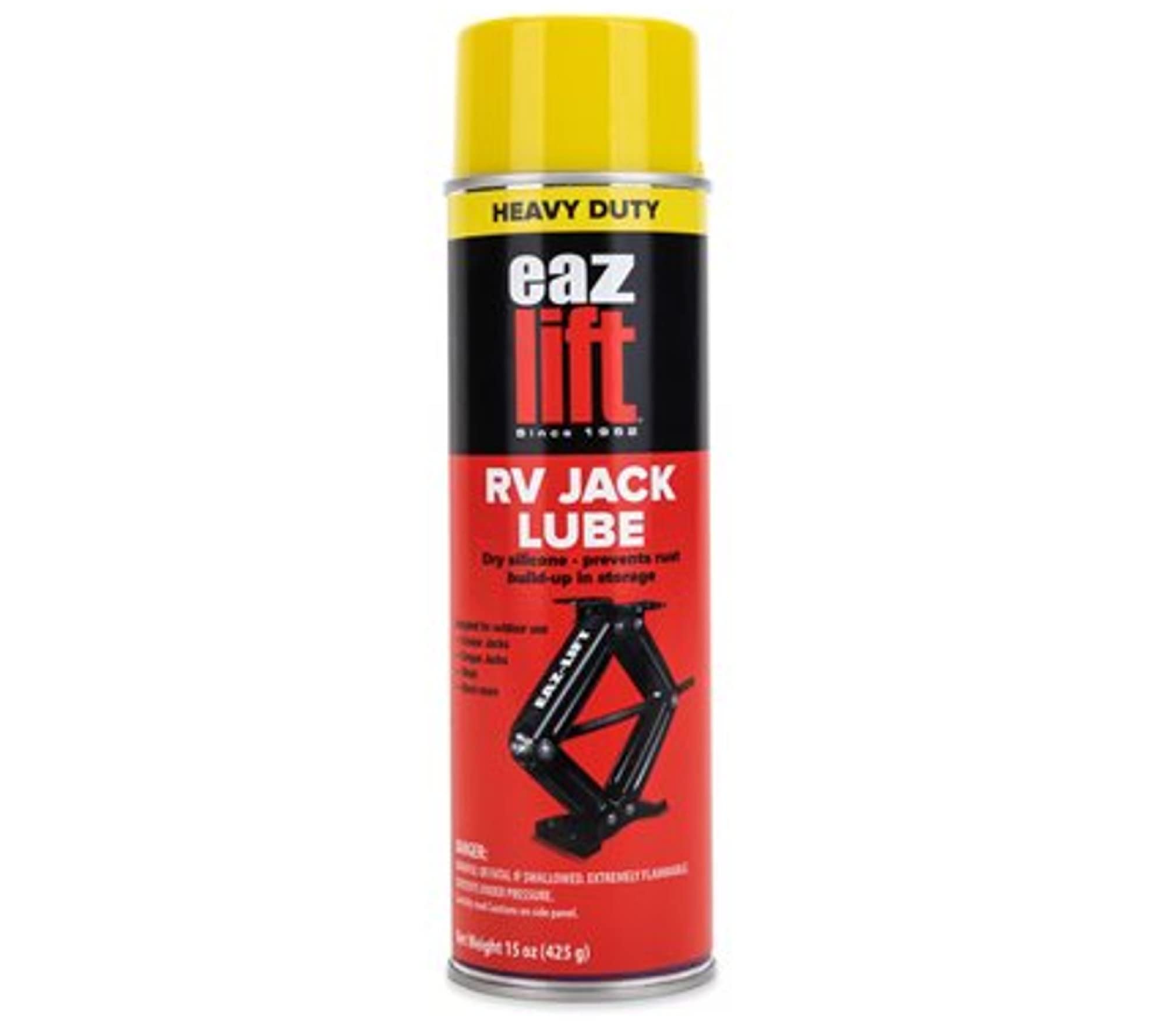 Camco EAZ-Lift lube spray bottle applying protective coating for RV hardware.