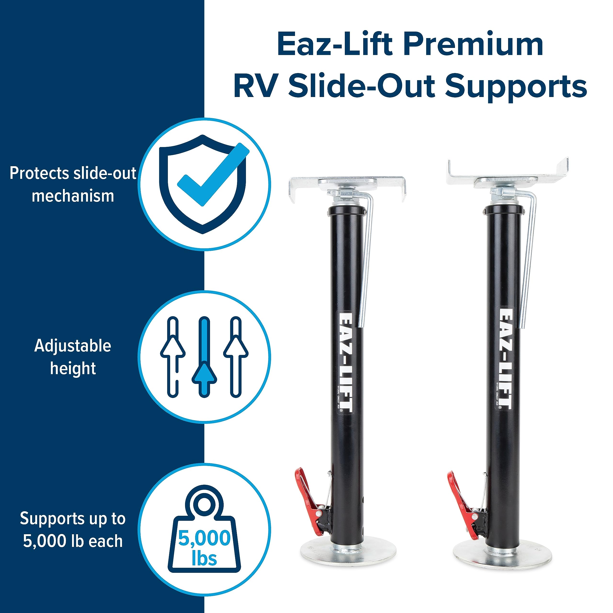Camco Eaz-Lift quick-release pin enables easy height changes.