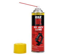 Camco EAZ-Lift RV stabilizer jack being lubricated for smooth operation.