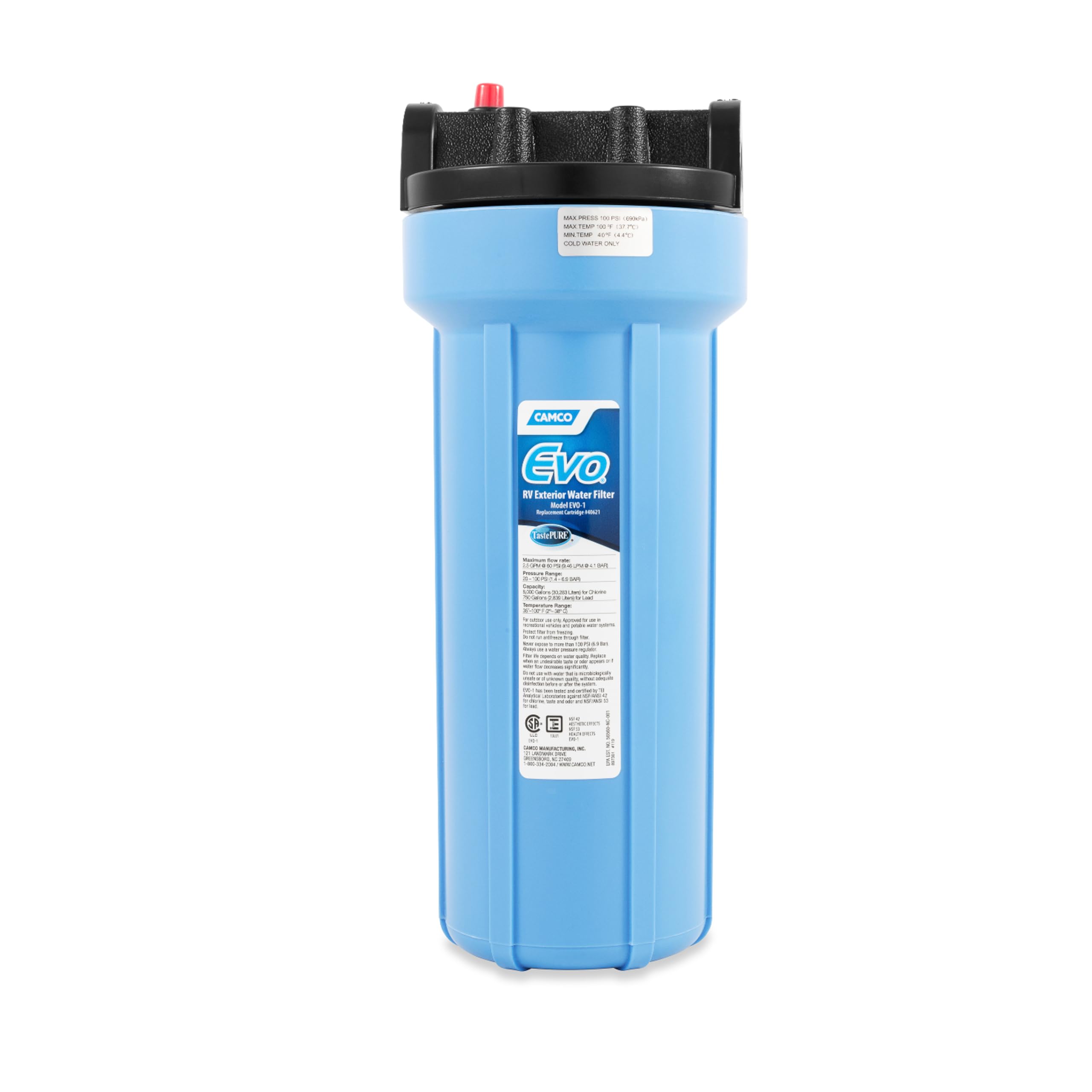 Camco Evo RV water filter housing improves on-the-go drinking water quality.