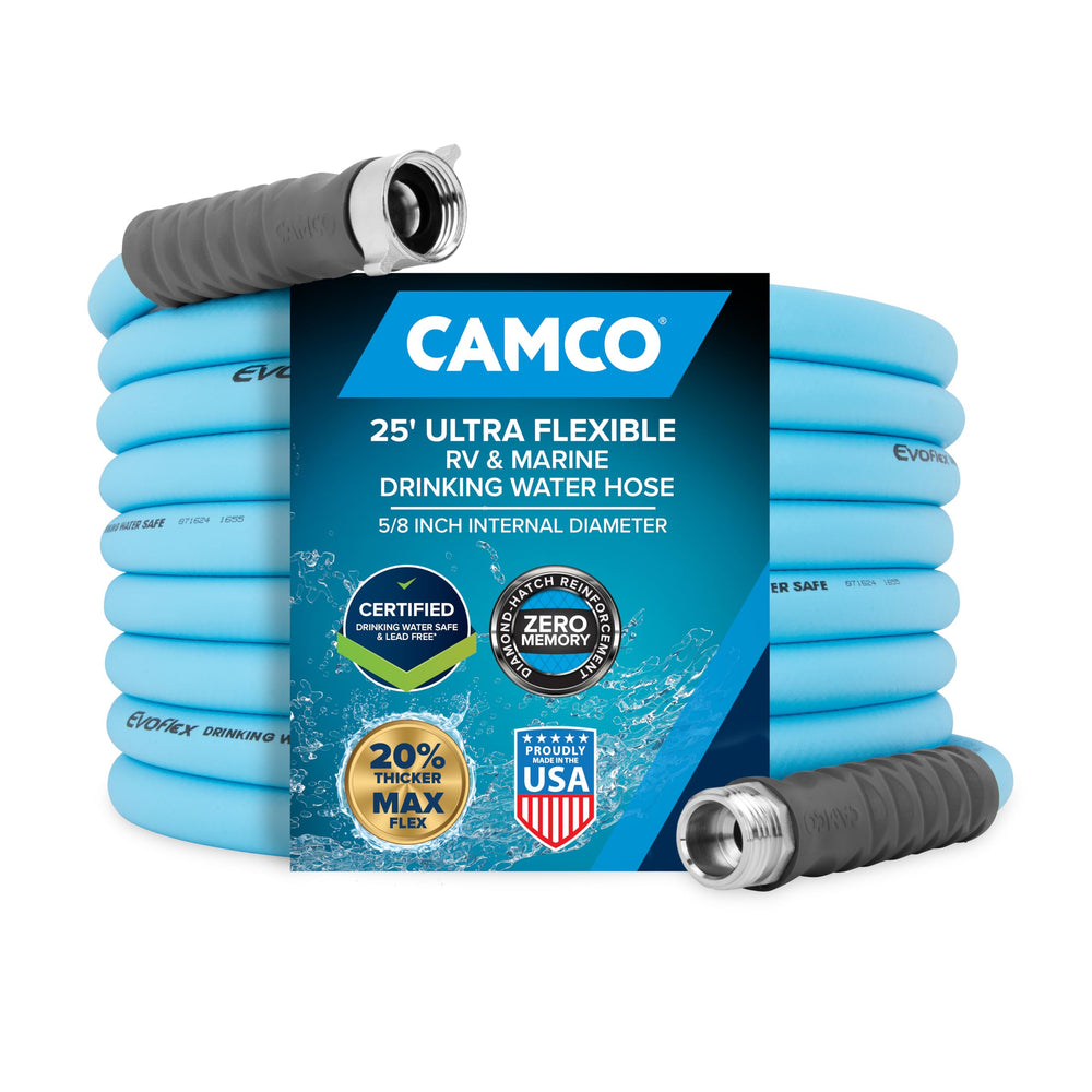 Camco EvoFlex 25ft RV water hose, flexible for easy campsite hookups