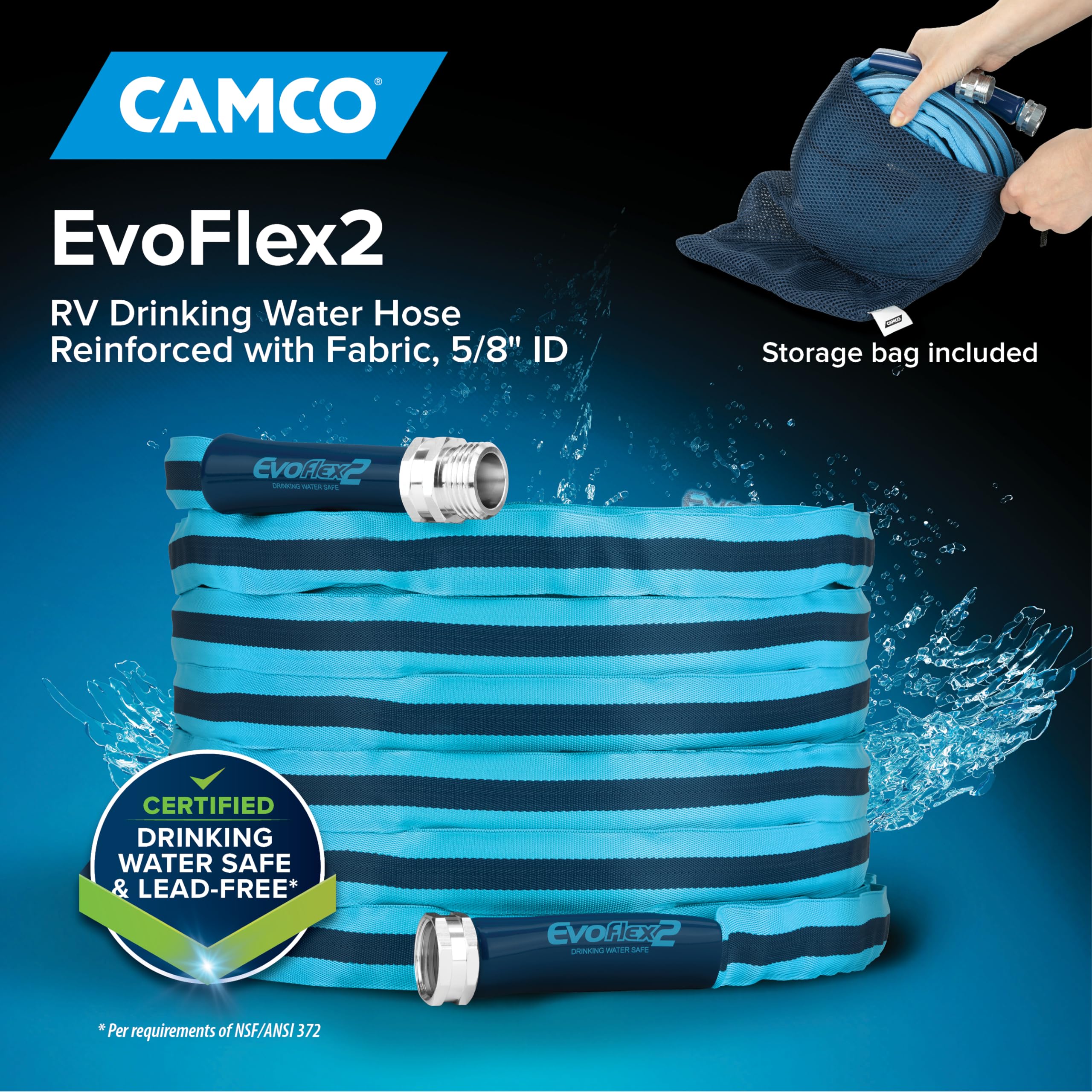 Camco EvoFlex2 fabric exterior hose designed for flexible storage.