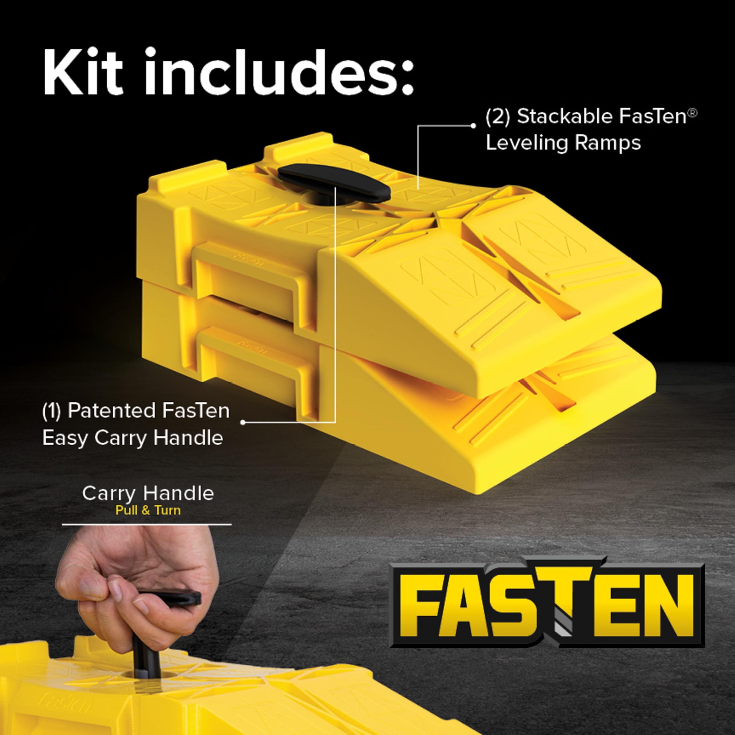 Ramps demonstrating compatibility with FasTen leveling blocks for added stability.