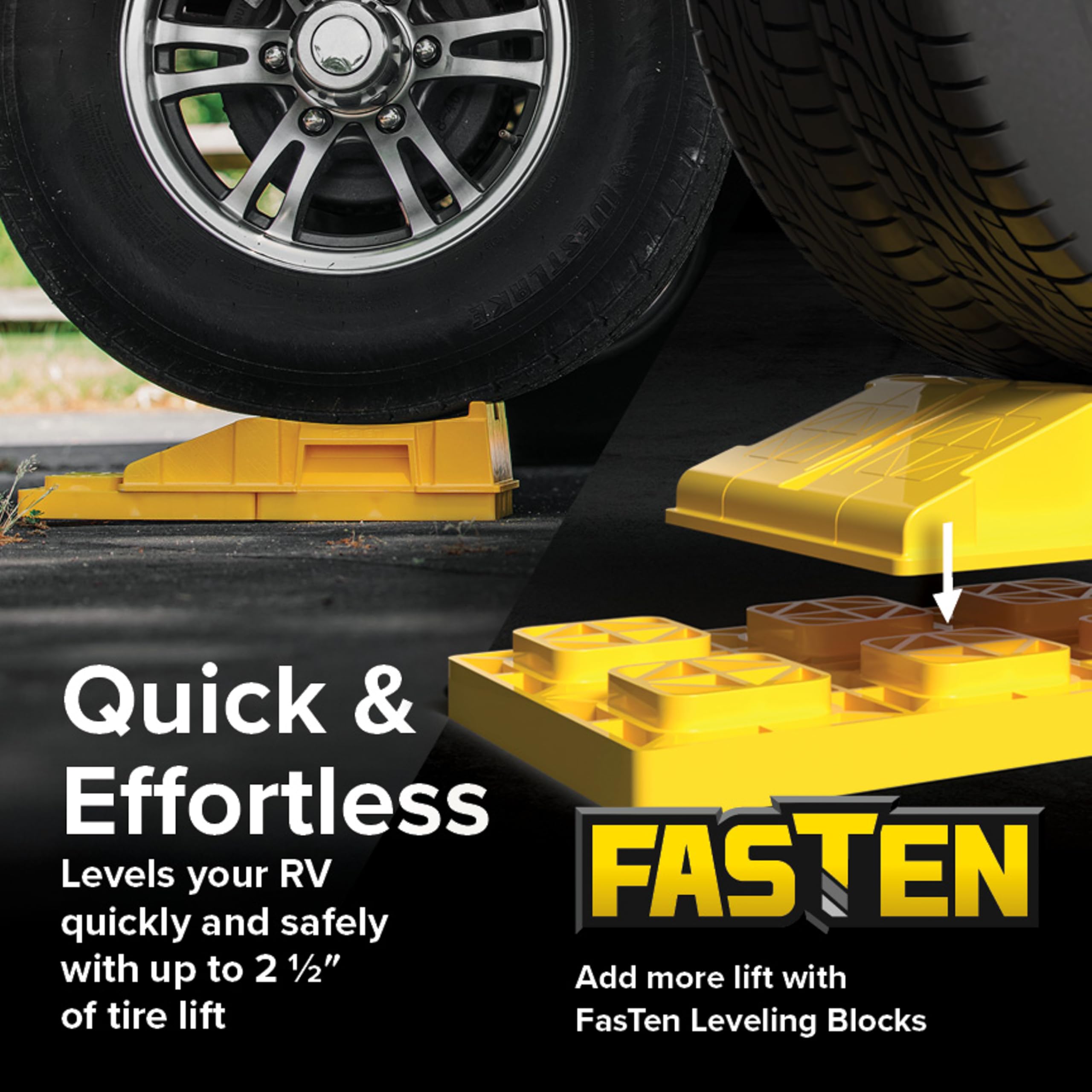 Camco FasTen ramp with AccuPark ridge for precise camper alignment.