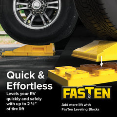 Camco FasTen ramp with AccuPark ridge for precise camper alignment.