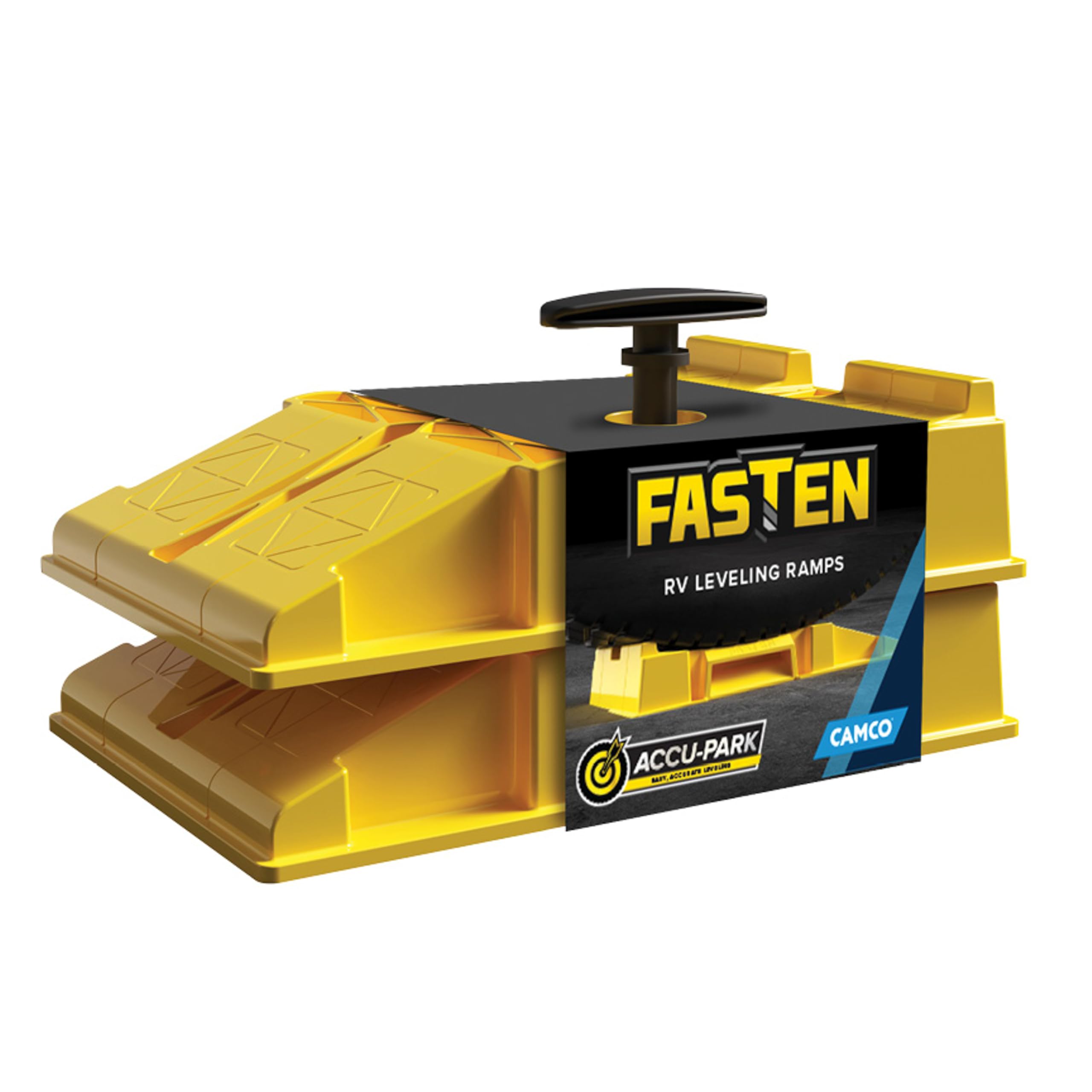 Camco FasTen RV leveling ramps showing tire-curve grip for stable parking.