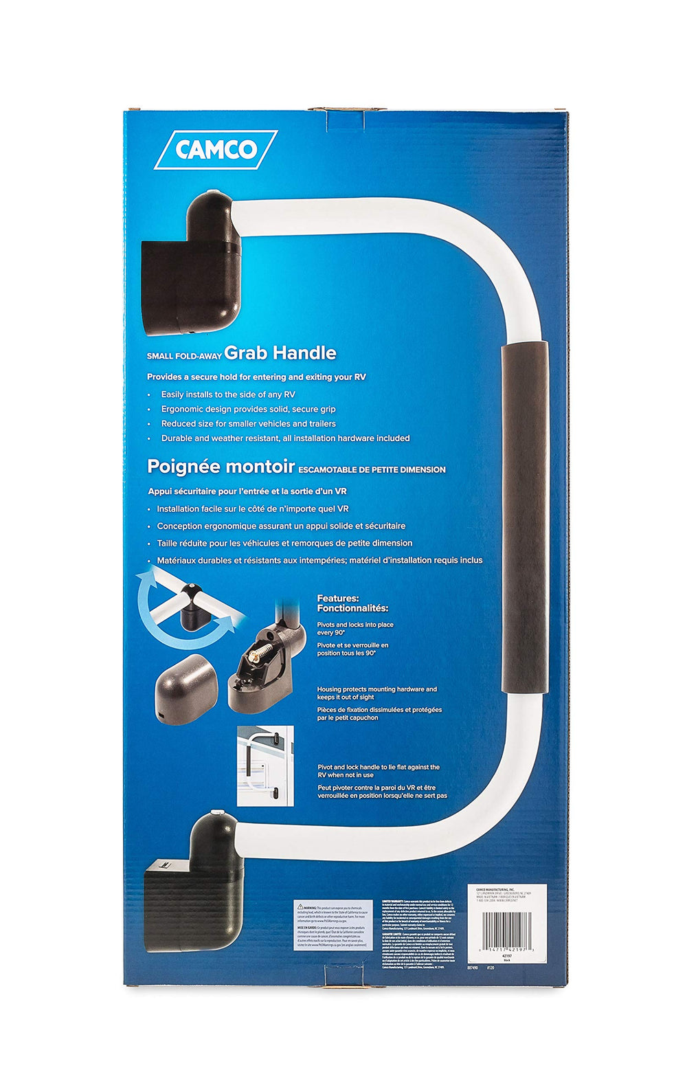 Camco folded flat rv entry handle saves space when stored.